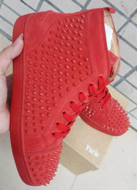 Super Max Perfect Christian Louboutin Louis Spikes Men's Flat Veau Velours Sneaker Red(with receipt)