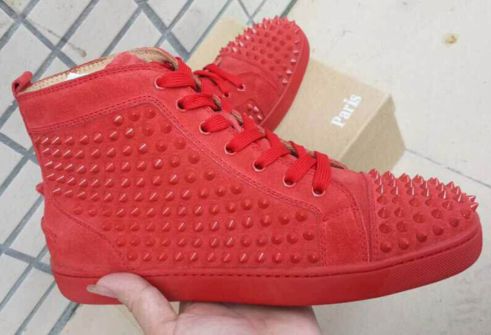 Super Max Perfect Christian Louboutin Louis Spikes Men's Flat Veau Velours Sneaker Red(with receipt)