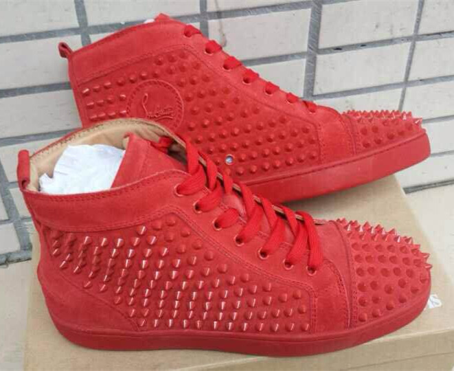 Super Max Perfect Christian Louboutin Louis Spikes Men's Flat Veau Velours Sneaker Red(with receipt)