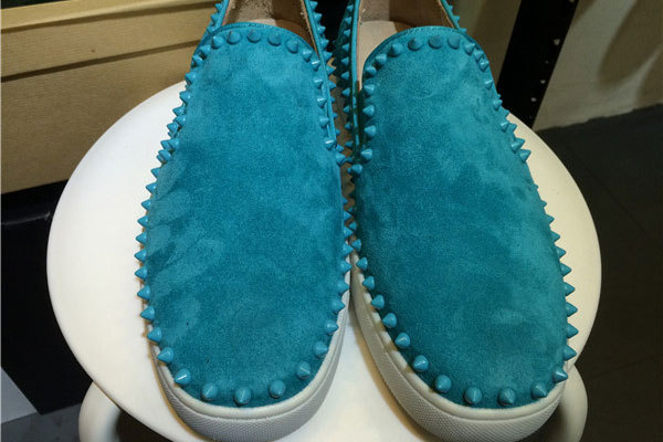 Super Max Perfect Christian Louboutin Pik Boat Spikes Suede Mens Flat Sneakers Sky Blue(with receipt)