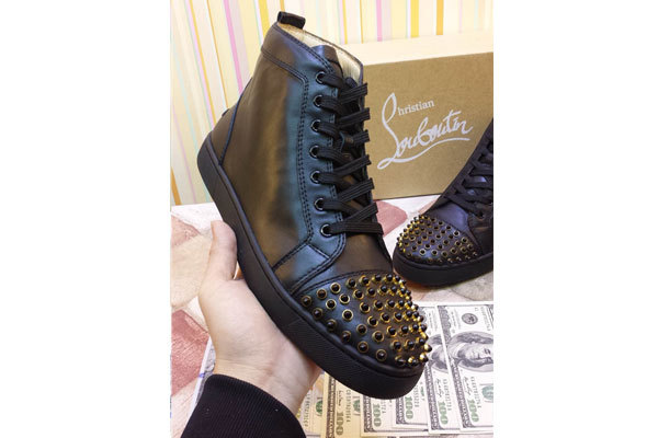 Super Max perfect Christian Louboutin High Top Gold Spike Black leather Sneaker(with receipt)