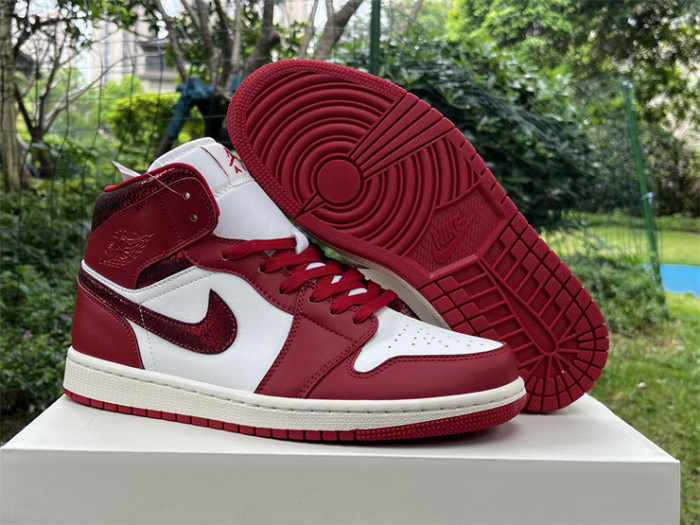Authentic Air Jordan 1 Mid SE Red Cracked Leather Women