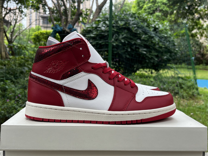 Authentic Air Jordan 1 Mid SE Red Cracked Leather Women