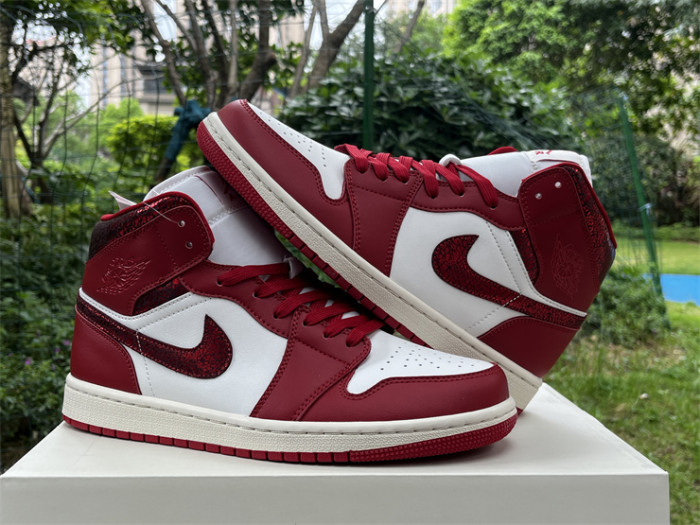 Authentic Air Jordan 1 Mid SE Red Cracked Leather Women
