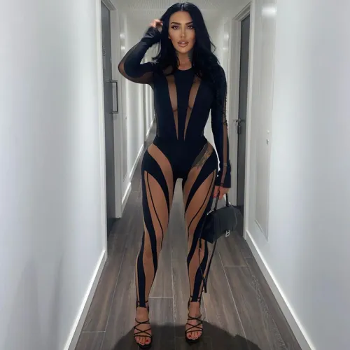 Sexy mesh perspective contrast color stitching tight-fitting long-sleeved one-piece top for women