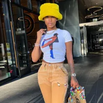 Printed Round Neck Cropped Navel Short Sleeve Casual T-Shirt Top Women