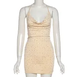 Fashion halter neck lace-up hot drill low-cut open-back slim hip dress