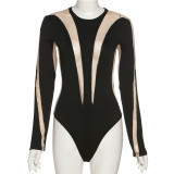 Sexy mesh perspective contrast color stitching tight-fitting long-sleeved one-piece top for women