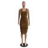 Women's Fashion Solid Color V-Neck Strap Tank Top Dress Ruffle Hem Sexy Dress