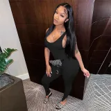 Women's Sleeveless Low Cut Solid Color Slim High Waist Sports Jumpsuit