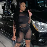 Sexy Short Sleeve Jumpsuit Hollow Mesh Perspective Shorts Suit Women