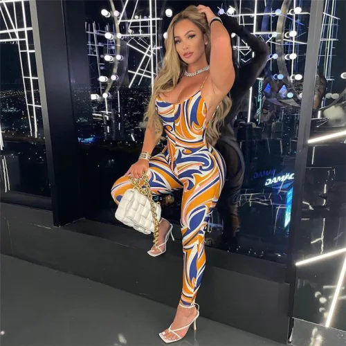 Women's Fashion Printed Backless Sling High Waist Bodysuit