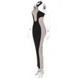 Contrast Panel Sleeveless Halter Sexy Backless Slim Dress