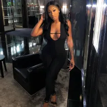 Women's Sexy Low Cut Halter Neck Tight High Waist Hip Raise Hollow Sports Jumpsuit
