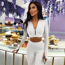 Long Sleeve Solid Color Zip Cardigan Two Piece Fashion Athleisure Suit