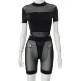 Sexy Short Sleeve Jumpsuit Hollow Mesh Perspective Shorts Suit Women