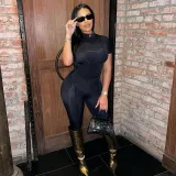 Printed slim slim short-sleeved top high waist tight pants suit women