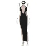 Contrast Panel Sleeveless Halter Sexy Backless Slim Dress