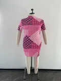 Plus Size Women's Stretch Short Sleeve Digital Print Drawstring Dress