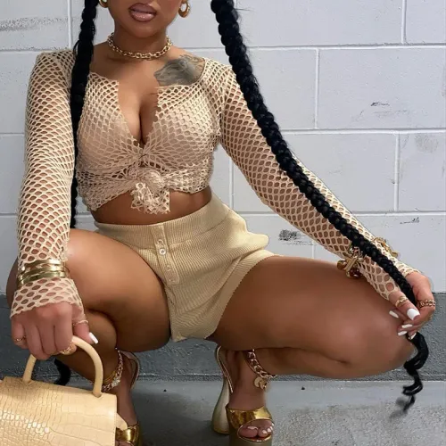 Sexy Hollow Bandage Perspective Fishnet T-Shirt Top Trendy Women