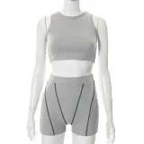Solid Color Crew Neck Vest High Waist Casual Shorts Set