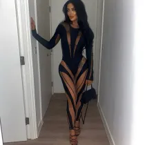Sexy mesh perspective contrast color stitching tight-fitting long-sleeved one-piece top for women