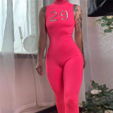 Fashion Letter Embroidered Sleeveless High Waist Skinny Athleisure Jumpsuit