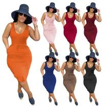 Women's Fashion Solid Color V-Neck Strap Tank Top Dress Ruffle Hem Sexy Dress