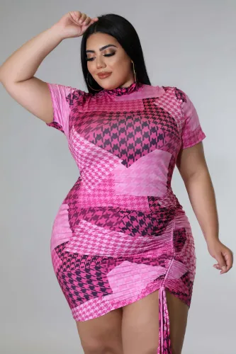 Plus Size Women's Stretch Short Sleeve Digital Print Drawstring Dress