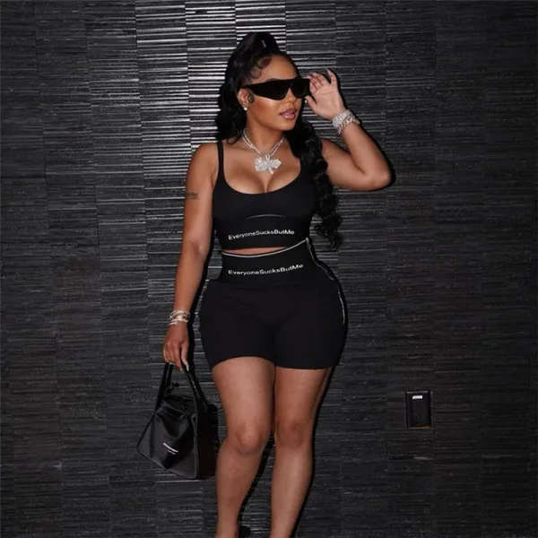 Women's High Waist Low Cut Printed Letter Casual Shorts Vest Suit