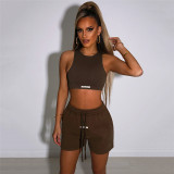 Solid Color Slim Fit Sleeveless Crop Vest Loose Straight Casual Shorts Set