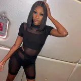 Sexy Short Sleeve Jumpsuit Hollow Mesh Perspective Shorts Suit Women