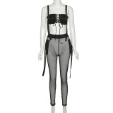 Sexy Sleeveless Vest Sling Top Splicing Mesh Trousers Suit Women
