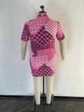 Plus Size Women's Stretch Short Sleeve Digital Print Drawstring Dress