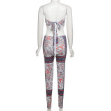 Digitally Printed Sexy Wrap Bust Open Back Top Hip Lift Tight Tracksuit