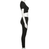 Fashion Embroidered Slim Navel Top High Waist Tight Pants Suit Women