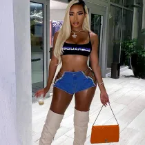 Sexy Personality Eyelet Chain Cutout Denim Shorts