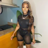 Sexy Short Sleeve Jumpsuit Hollow Mesh Perspective Shorts Suit Women