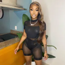 Sexy Short Sleeve Jumpsuit Hollow Mesh Perspective Shorts Suit Women
