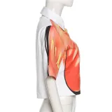 Fashion Digital Print Loose Cropped Single Breasted Lapel Short Sleeve Top