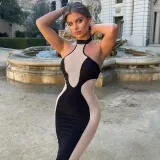 Contrast Panel Sleeveless Halter Sexy Backless Slim Dress