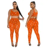 Sexy printed suspender top and see-through slim pencil pants two-piece set for women