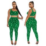 Sexy printed suspender top and see-through slim pencil pants two-piece set for women