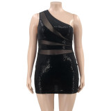 Sequin stitching mesh see-through tight sexy plus size women's dress