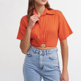 Solid Color Lapel Pullover Short Sleeve Cropped Navel Fashion Casual Top