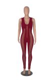 Solid color mesh stitching sexy deep V hollow perspective masonry zipper sleeveless jumpsuit