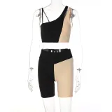 Contrast color stitching two-piece one-shoulder sports fitness suit