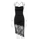 Sexy stitching lace dress with strapless back temperament skirt