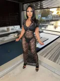 Night show women's sexy see-through short-sleeved hip dress