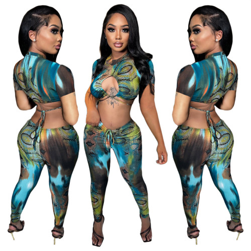 Multicolor Print Cutout Top Stretch Pants Set
